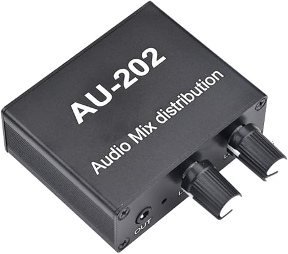 AU-202 2 Input 2 Output Stereo Mixer Audio Distributor for Headphone External Power AMP Volume Alone Control
