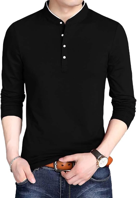 Long Sleeve Henley Shirts for Men - Full Sleeves Mandarin Collar Shirt