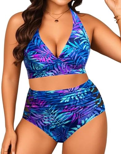 Yonique Womens Two Piece Plus Size Halter Bikini Swimsuits Tummy Control Bathing Suits High Waisted Swimwear