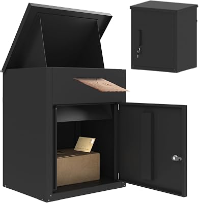 Package Delivery Box for Outside,Lockable Anti-Theft Parcel Drop Box with Mailbox Waterproof Weather Resistant Full Metal Frame for Porch Fence Curbside21.6x13.7x17.7,Black