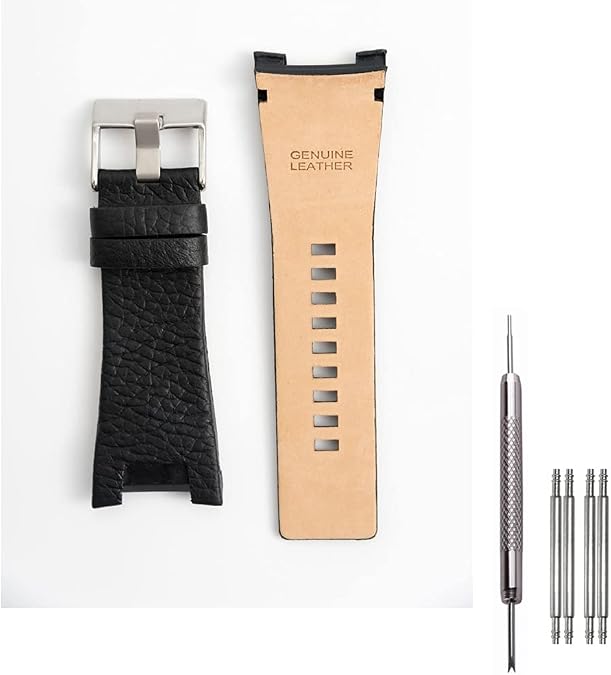 Adwoa Genuine Leather Replacement Straps Compatible with Men's 32mm Spring Bar Diesel Leather Watch Band DZ1215 DZ1216 DZ1273 DZ1430 DZ1453 DZ4246 with Stainless Steel Buckle (Black)