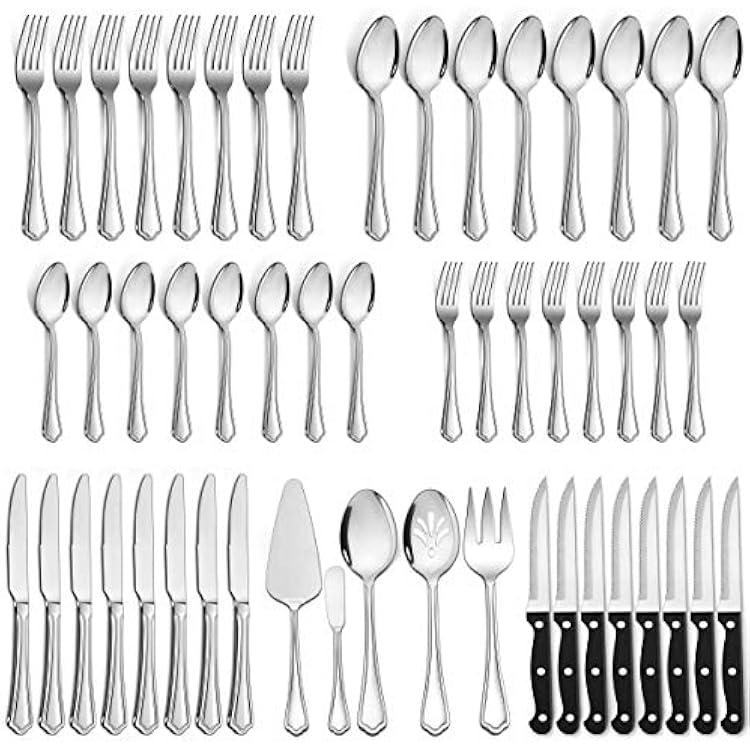 LIANYU 53-Piece Silverware Flatware Set for 8, Plus Steak Knives and Serving Utensils, Stainless Steel Flatware Cutlery Set, Eating Utensils Tableware with Scalloped Edge, Dishwasher Safe