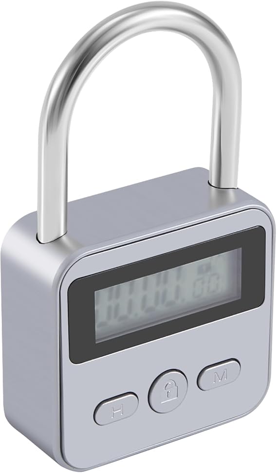 Metal Lock LCD Display Multi-Function Electronic Time 99 Hours Max Timing USB Rechargeable Padlock,Silver