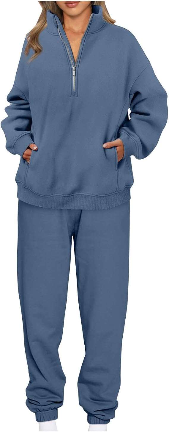 Lastesso Sweatsuits Women 2 Piece Outfit Trendy Quarter Zip Up Sweatshirt Matching Baggy Long Sweatpant Basic Solid Jogger