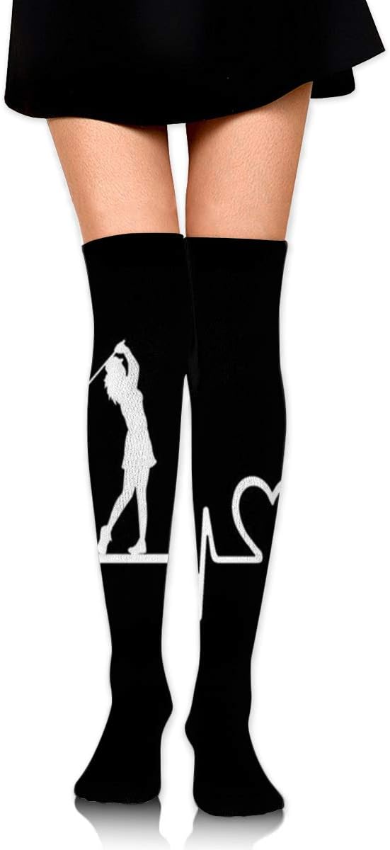 Women's Knee High Golf Heartbeat Athletic Over Thigh Long Stockings Socks, Black, One Size