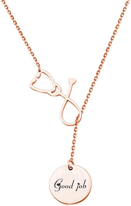 925 Sterling Silver Stethoscope Lariat Necklace, Heart Name Plate Round Name Plate and Stethoscope Pendant for Doctor Medical Student Nurse Necklace