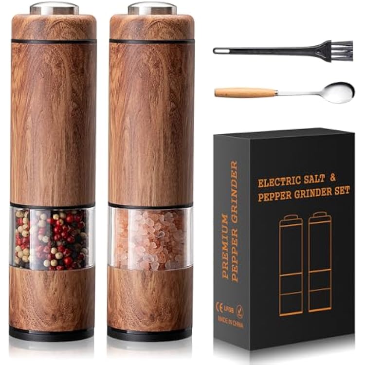 Electric Salt and Pepper Grinder Set, Battery Operated Pepper Grinder with LED Light, One Handed Operation, Adjustable Coarseness, Slat and Pepper Shakers Set Electric Wood Grain
