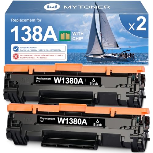 138A Black Toner Cartridge with Chip Compatible Replacement for HP 138A 138X W1380A W1380X Toner for Pro 3001dw 3001dn Pro MFP 3101fdw 3101fdn Printer 2 Pack