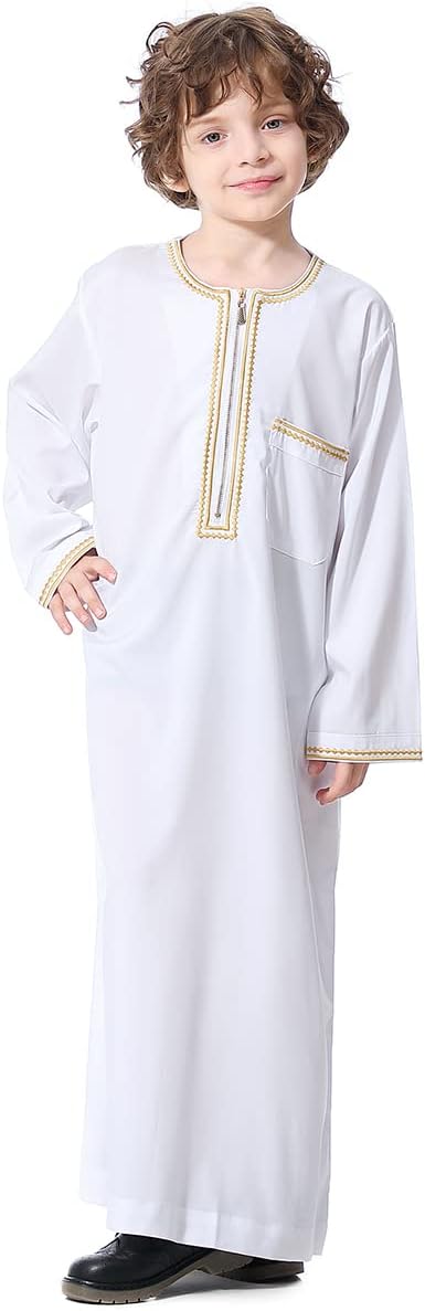 IBTOM CASTLE Robe for Boys Muslim Long Sleeve Thobe Abaya Saudi Arab Kaftan Islamic Zipper Arabic Dubai Dress With Pockets