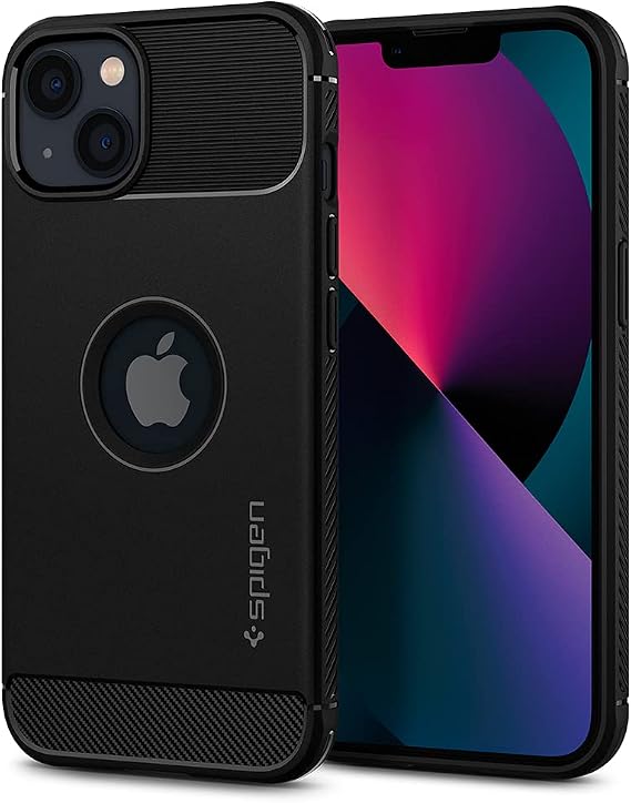 Spigen Rugged Armor Designed for iPhone 13 Case (2021) - Matte Black | Carbon fibre pattern, secure grip, air cushion tech, military-grade protection