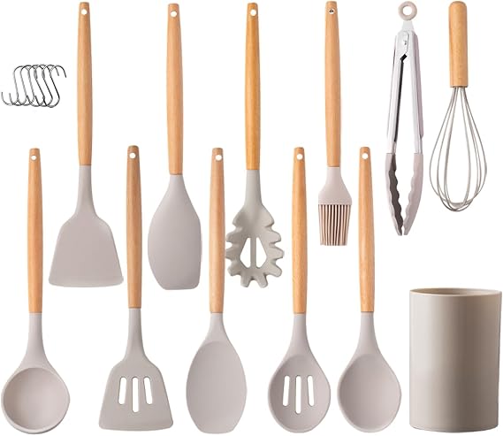 12 PCS Silicone Kitchen Utensil Set with Wooden Handle Heat Resistant | Kitchen Tools with Holder Safe for Non-Stick Cookware Tongs Spatula Spoon Set
