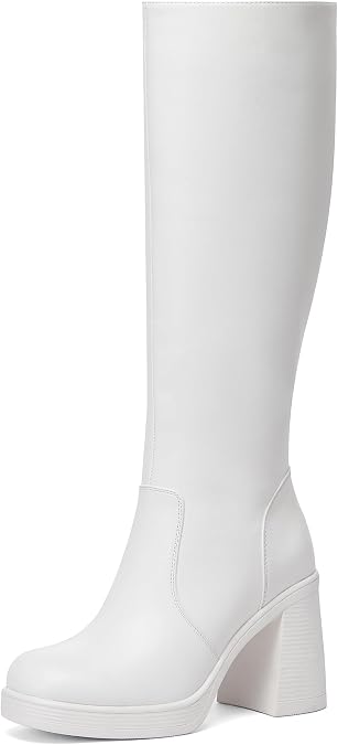 Platform Knee High Boots for Women Chunky Heel square Toe Leather Long Boots Side Zipper Tall Boots White Boots 7