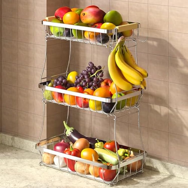 Sevenblue 2 Tier Large Fruit Basket for Kitchen Counter with 2 Mobile Banana Hangers, 2026 Pro Detachable Metal Fruit Bowl with Wooden Handle Silver, 3 Tier