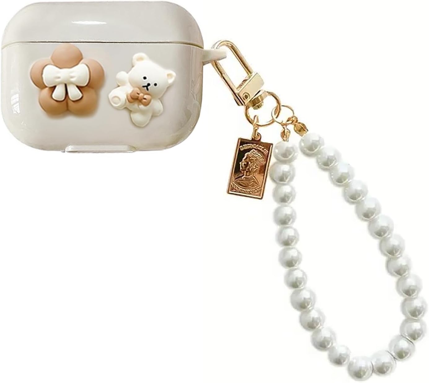 Microsonic AirPods Pro 2.Generation Case Pearl Strap Bow Tie Bear [AirPods Pro 2. Generation Compatible Case - Beige]