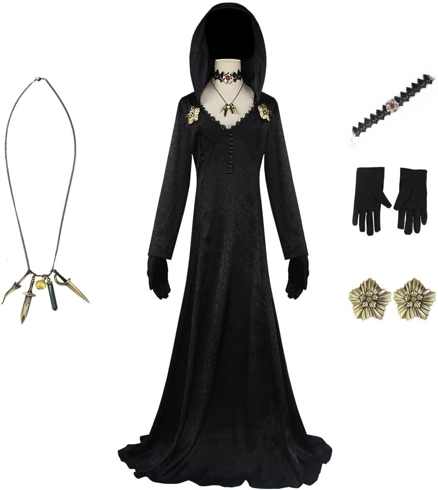 Cos-Animefly Gothic Cosplay Dress for Women Long Black Robe Costume Set with Accessories Vampire Sister Look for Halloween