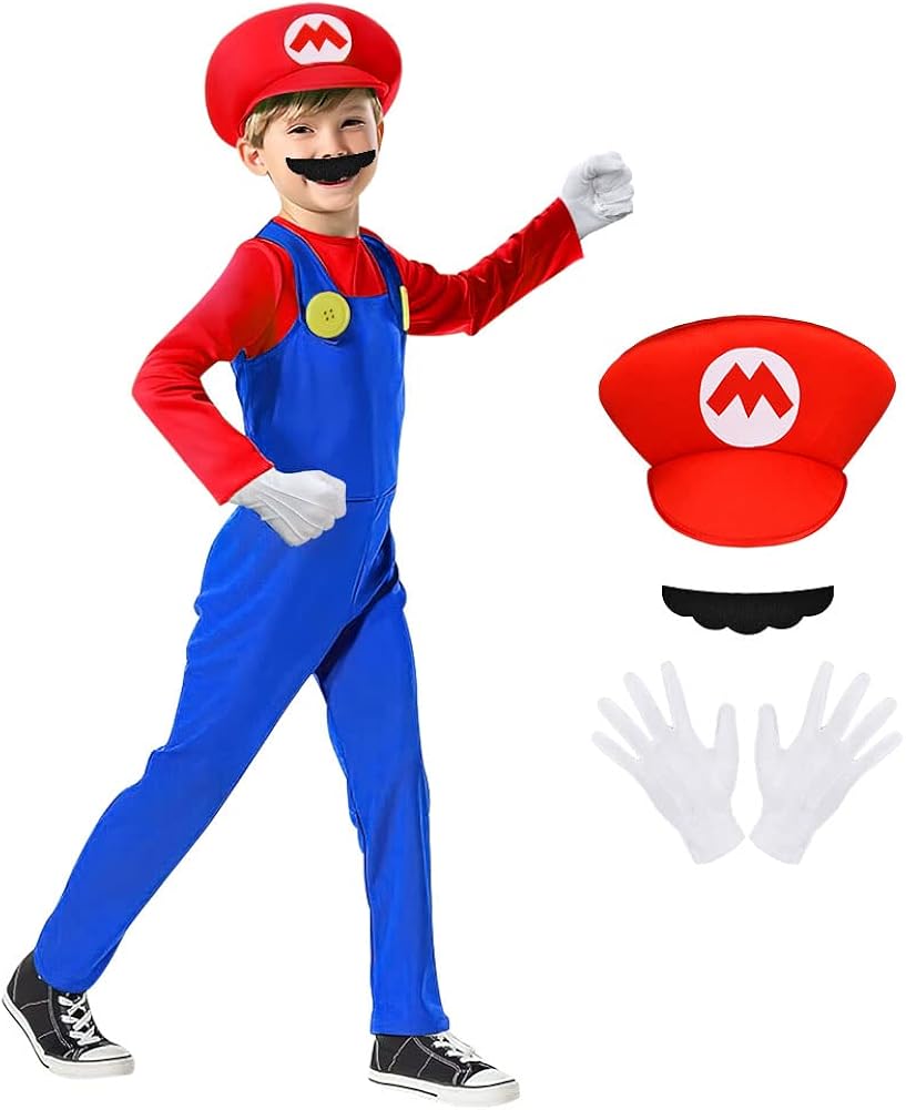 ACWOO Mario Costume for Kids, 4PCS Mario Fancy Dress Costume with Bodysuit, Mario Cap, Beard and Gloves, Mario Luigi Bros Plumber Fancy Costume Outfit for Boy Girl Halloween Cosplay Carniva