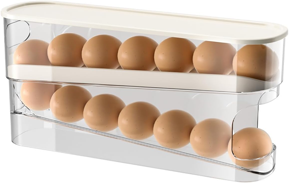 Auto Rolling Egg Holder for Fridge, Egg Dispenser/Organizer/Storage/Container with Lid for Refrigerator, Sturdy and Durable Space-Saving Egg Tray for 12 Large Eggs