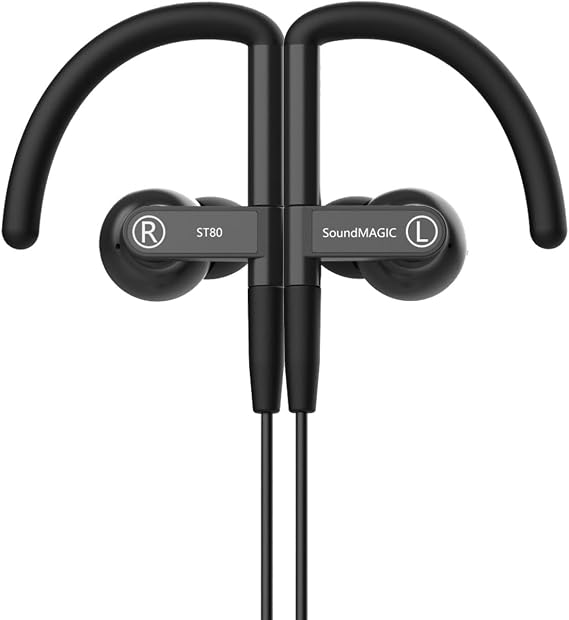 SoundMAGIC ST80 Sports Bluetooth Earbuds, Mic, Ear Hooks, Detachable, Black | Dual wired/wireless, crisp balanced sound, adjustable frame, ergonomic fit, hands-free mic, tangle-free cord, sweatproof