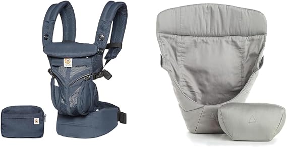 Ergobaby Baby Carrier, 4-Position Omni 360 Cool Air Mesh for Newborn to Toddler (0-3 yrs), Midnight Blue & Baby Infant Insert for Baby Carrier, for NB (Holds 3.2 - 5kg), Cotton Grey