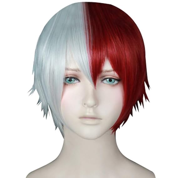 ANOGOL Half Red Half Grey Short Cosplay Wig Silver Anime Wig with Bangs