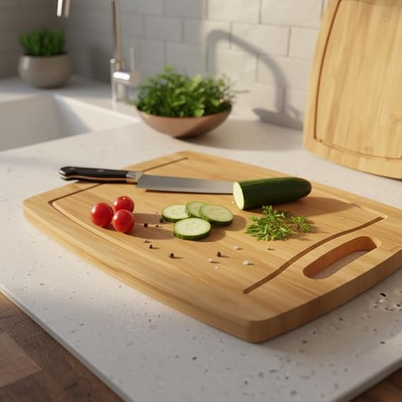Deconox Antibacterial Bamboo Cutting Board (34x24 cm) | Corrugated, Rectangular Chopping Board with Handle | Hygienic and Knife-Friendly Kitchen Board
