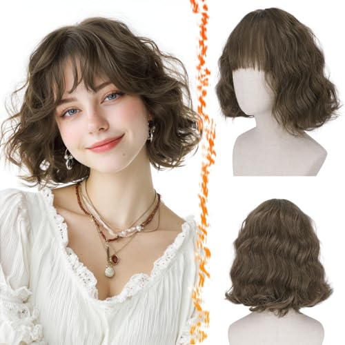 BARSDAR Short Wavy Light Brown Wig with Bangs - Short Light Brown Bob Wigs for Women - Curly Wavy Textured French Bob Wig with Bangs Soft Synthetic Natural Looking Face-Framing Daily
