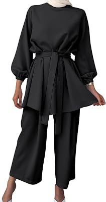 Women Muslim Outfit Middle East Arabic Long Sleeve Top with Wide Leg Pants Set Dubai Islamic Clothes Set