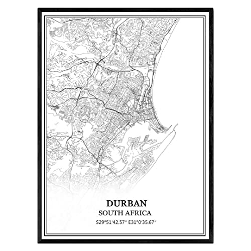 TANOKCRS Durban South Africa Map Wall Art Canvas Print Poster Artwork Unframed Modern Black and White Map Souvenir Gift Home Decor 9x11 Inches