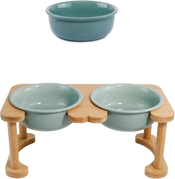 Elevated Ceramic Double Dog Bowl Set(Light Green) & Single Replacement Dog Bowl(Dark Green)