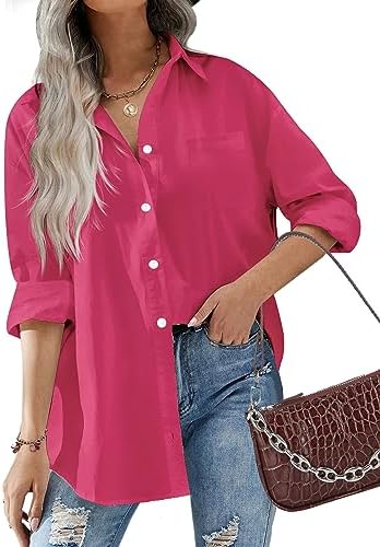 HOTOUCH Women Oversized Button Down Shirts Office Drop Shoulder Blouse Long Sleeve Boyfriend Dress Shirt with Pockets