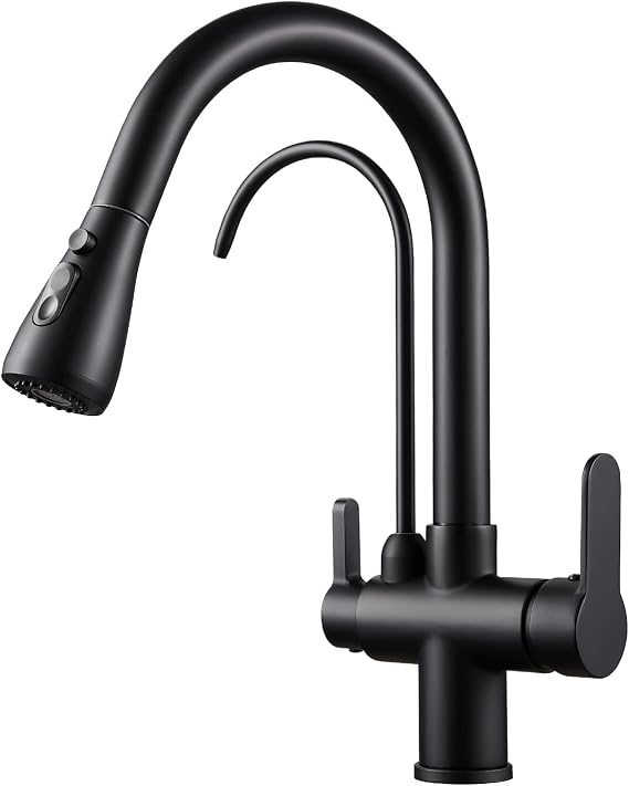 3 Way Drinking Water Kitchen Tap with Pull Down Spray Head, 3 in 1 Drinking Water with 360° Swivel High Arc Extendable(46cm) Spout for Reverse Osmosis or Water Filtration System,Matte Black