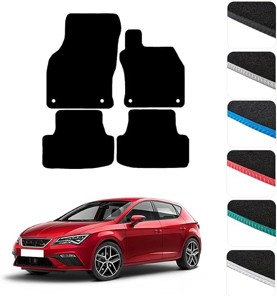 GCM - Car Floor Mats for Seat Leon 2013 To 2020 Full Coverage Floor Protection - Anti Slip & Fit Car Mat with Clips Easy to Clean Car Carpet for All-Weather- Black Edging, Carpet