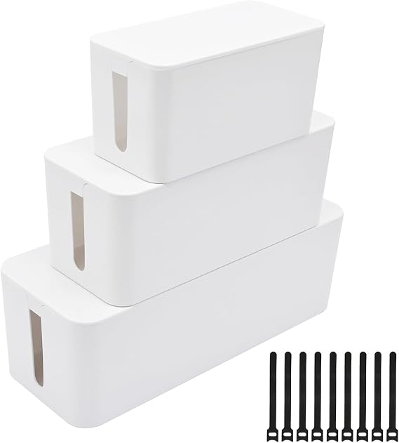 YaeCCC Cable Management Organizer Box Power Strips Hider Power Cords Hider for Desk, TV, Computer, USB Hub,Cords (Set of Three) White