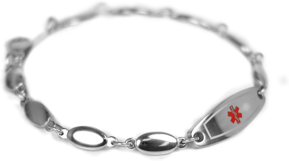 Womens Medical Alert Bracelet with Engraving, 316L Steel Drop, Extra Small