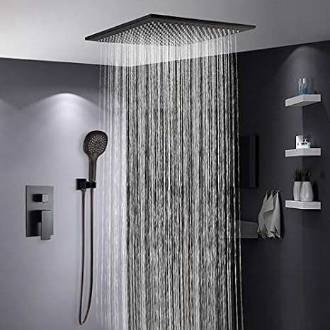 Contemporary 2-Function Rain Shower Head Ceiling Mounted Rainfall Square Shower Head Stainless Steel Overhead Rainfall Massage Top Sprayer Matte Black