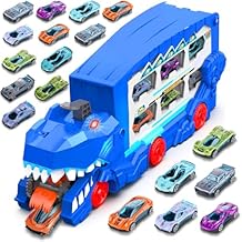Dinosaur Transport Car Race Track Toy Set for Kids - Monster Carrier Truck Toys for Age 3 4 5 6 7 8 9 10 11 12 Years Old Boy Christmas Birthday Gifts with Die-Cast Metal Toy Cars, Light & Sound