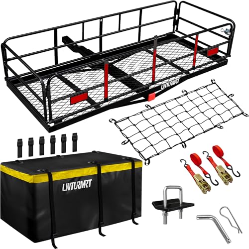 Trail Hitch Mount Cargo Carrier Basket 58 x 24 x 14 Folding Vehicle Cargo Baskets Fits 2 Receiver with 2 Hitch Stabilizer for SUV can Holder 500LBS 14 high BlackBag