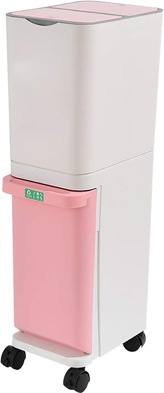 QWEASDF Waste Bin Small Plastic Double Kitchen Trash Can Press Open Lid Cute Compact Slim Dual Recycling Bins Wheels Vertical Rectangular Waste Separation 32L,pink
