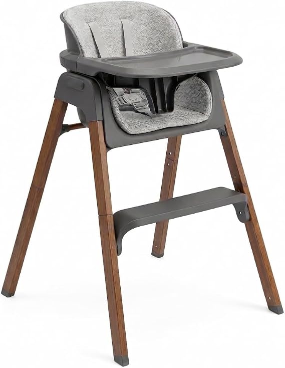 Venture Neyo 2-in-1 Foldable High Chair for Baby and Toddler, Convertible Baby Highchair with Wood Effect Legs, Removable Tray & Cushion, 5 Point Harness, Compact Folding (Grey)