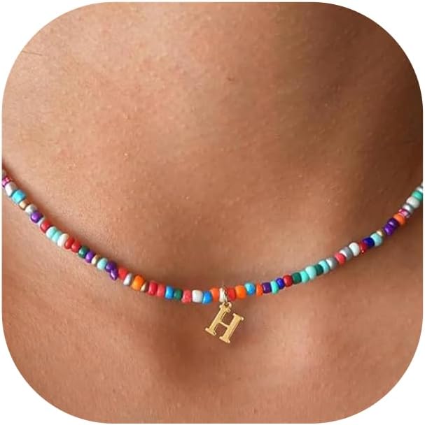 Initial Necklace for Women,Colorful Beaded Charm Necklaces,Handmade Letter Boho Necklace Jewelry for Women Gifts(H)