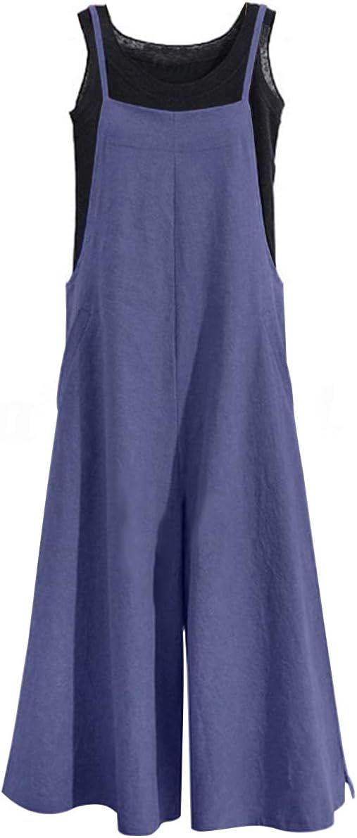 YESNO Women Casual Loose Long Bib Pants Wide Leg Jumpsuits Baggy Cotton Rompers Overalls with Pockets PZZTYP2