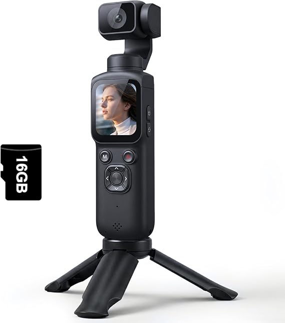 4K Vlogging Camera, Pocket Digital Camera, 330 Rotating Lens | Auto subject framing and WiFi sharing for YouTube, TikTok and travel, includes 16GB card, mini tripod and carrying bag