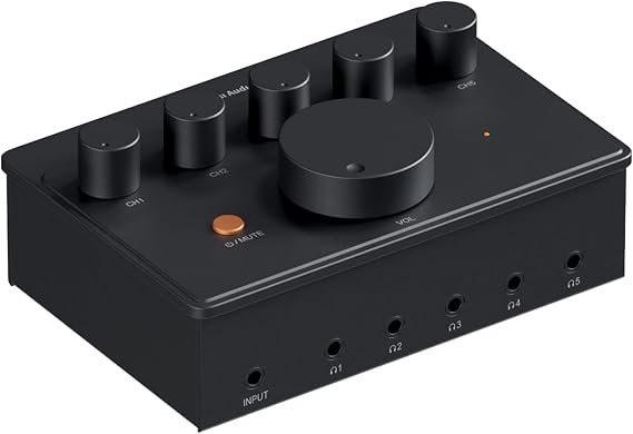 Fosi Audio PH05 5-Channel Headphone Splitter Amplifier, Mini Headphones Amp for Music Studio, Audio Sharing, Podcast Monitor, Supports 16-300 Ohm High Impedance IEM with 12V Power Adapter
