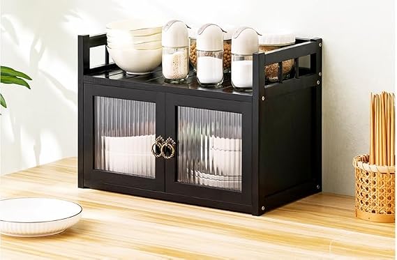 Kitchen Rack, Cupboard, Tabletop, Cupboard, Kitchen Cabinet, Tableware, Storage Cabinet, Kitchen Storage, Kitchen Storage Shelf, Condiment Rack, Acrylic Door, Stylish, Bamboo Material, Easy Assembly,