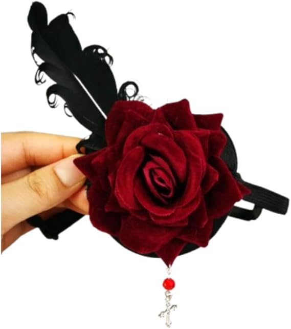Yuri Gothic Lolita Rose Eye Patch Mask Single Retro Black Fit Hallowmas Party Accessories (red) Feather