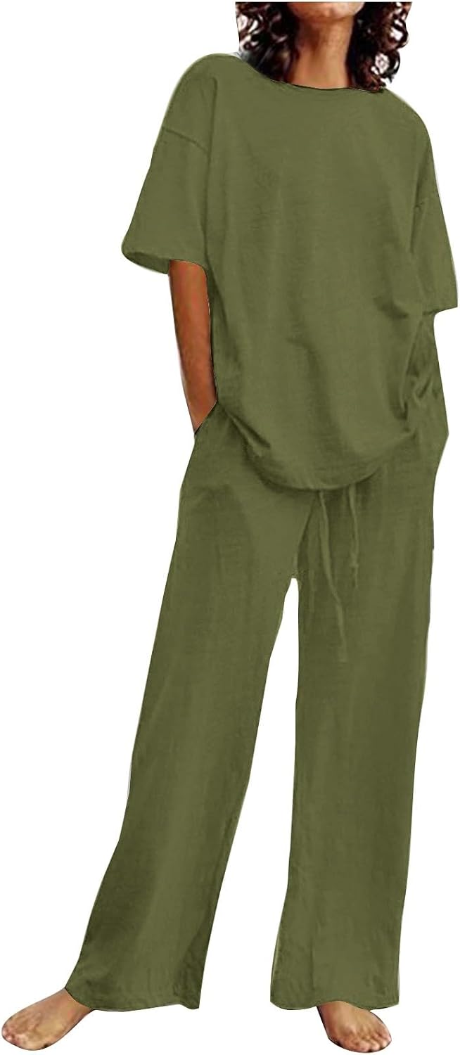 Womens Summer 2 Piece Outfits Cotton Linen Set Oversized Short Sleeve T Shirt Wide Leg Pants Sets Comfy Loungewear