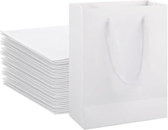 20Pcs Small Gift Bags With Ribbon Handles, 20x10x28cm Recyclable White Paper Gifts Bag, Reusable Boutique Wrap Bags for Party, Birthday, Weddings, Goodie, Shopping, Graduation, Halloween, Christmas