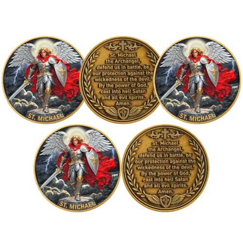 5Pcs St. Michael The Archangel Challenge Coin - 3D Dual Side Prayer Coin with Colored Image, 1.574 Inch Zinc Alloy Military Coin for Collectors, Catholic Gifts, and Spiritual ProtectionPack of 5