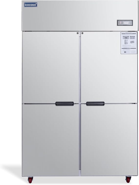 ICECASA 48" W Commercial Refrigerator Reach-in 4 Split Doors Upper & Lower Storage Design 33 Cu.ft Stainless Steel Commercial Refrigerator Fan Cooling for Restaurant, Bar, Shop, etc