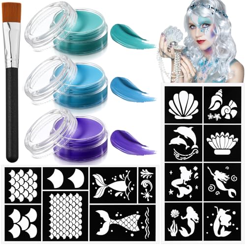 Thenshop 34 Pcs Carnival Mermaid Face Painting Kit Include Brush, 30 Sheet Mermaid Scale Stencil Reusable Stencil Stickers 3 Pcs Paints Face Body Paint Set for Carnival Birthdays Party Makeup Cosplay